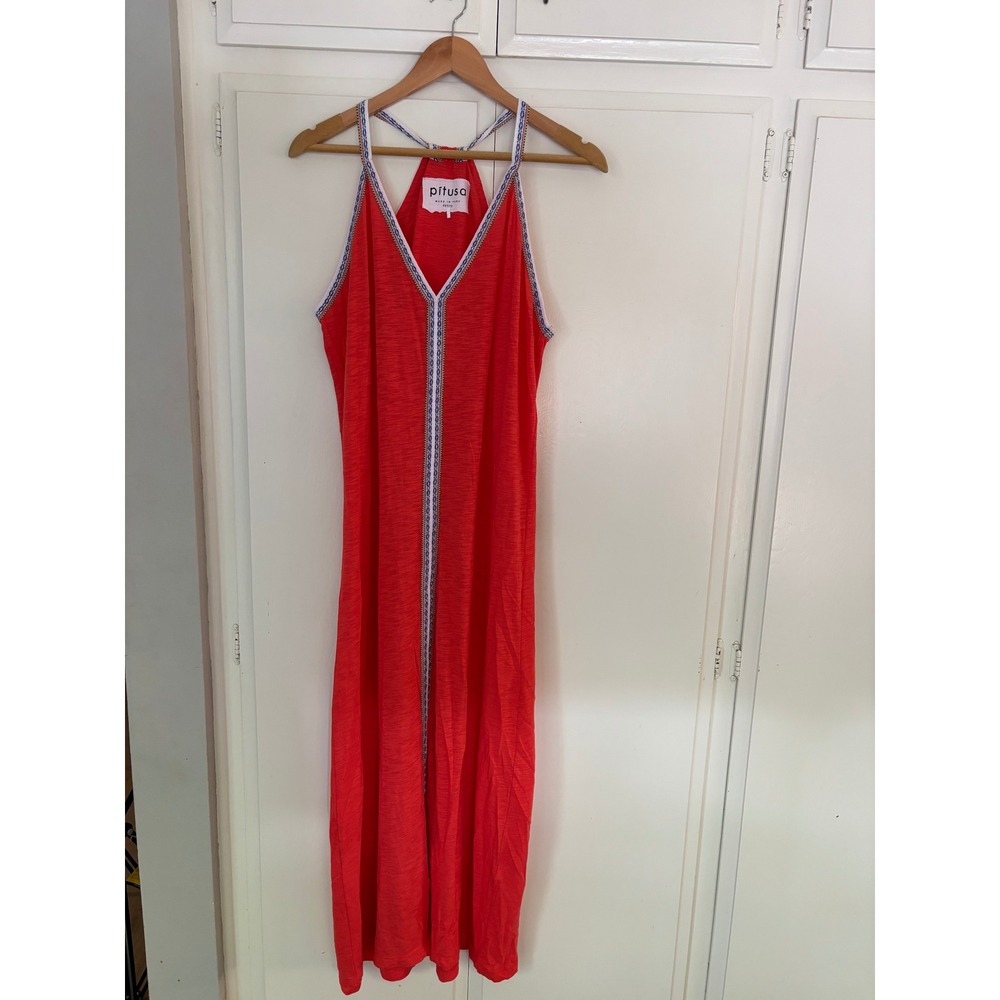 Pitusa Abaya Maxi Dress Coral Red Inca Trim Petite V-Neck Racerback Coverup